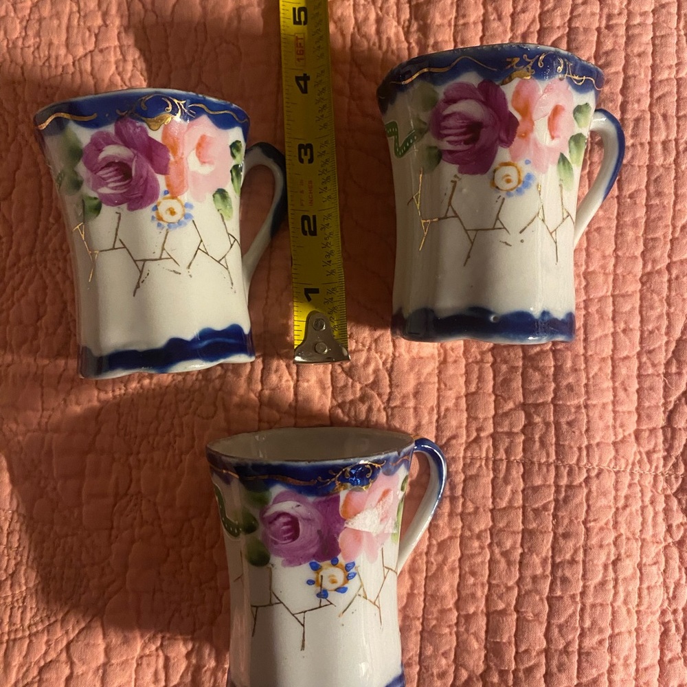 Early 1900’s Geisha Kutani porcelain, 3 hand painted chocolate cups, Japan
